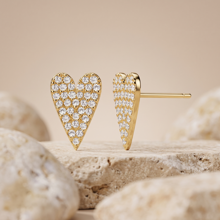 Round Pave Set Diamond Heart Shape Stud Earrings