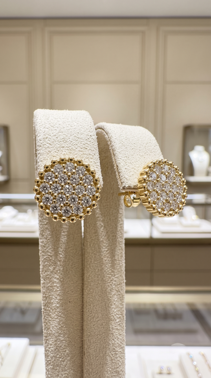 Round Cluster Push Back Diamond Stud Earrings in 14K Yellow Gold