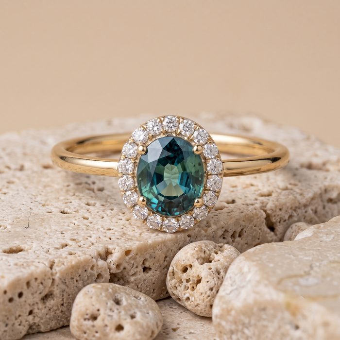 Oval Blue Sapphire Diamond Halo 14K Gold Ring