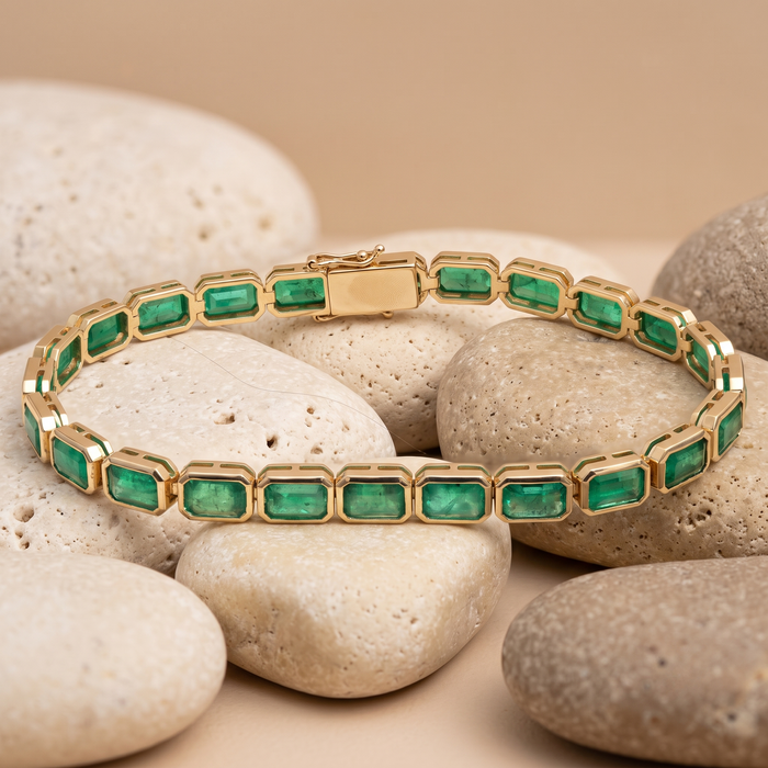 Rectangular Emerald Stones 14K Emerald & Yellow Gold Bracelet