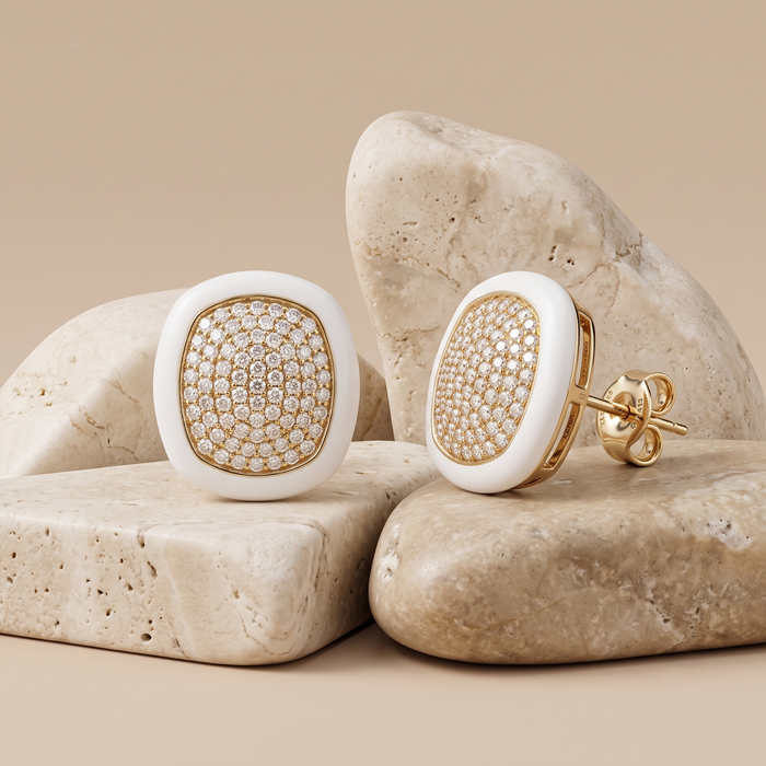 White Enamel Cushion Diamond Pave Stud Earrings in 14K Yellow Gold