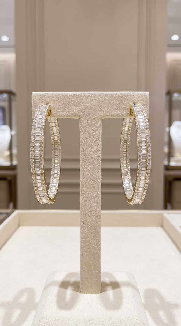 Oval Shape 256 Diamonds Baguette Earrings in 18K White Gold