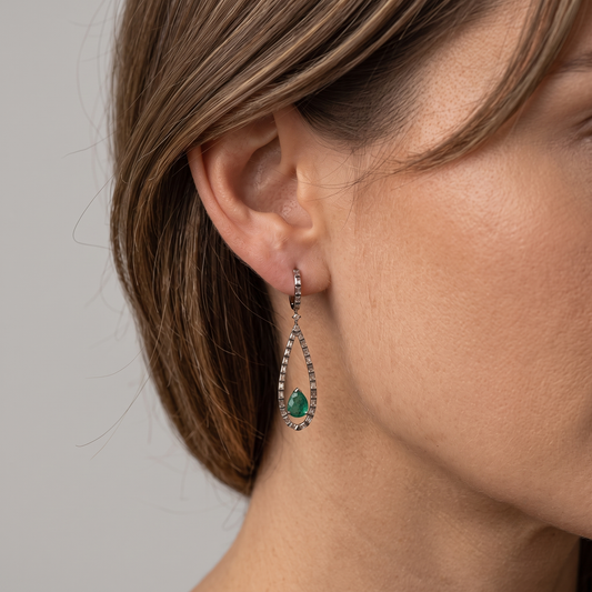 Green Emerald Drop Black Finish Earrings in 18K Yellow Gold