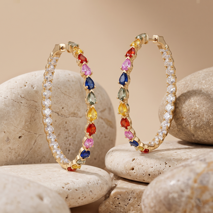 Sapphire Love Hoops Diamond Earrings in 14K Yellow Gold