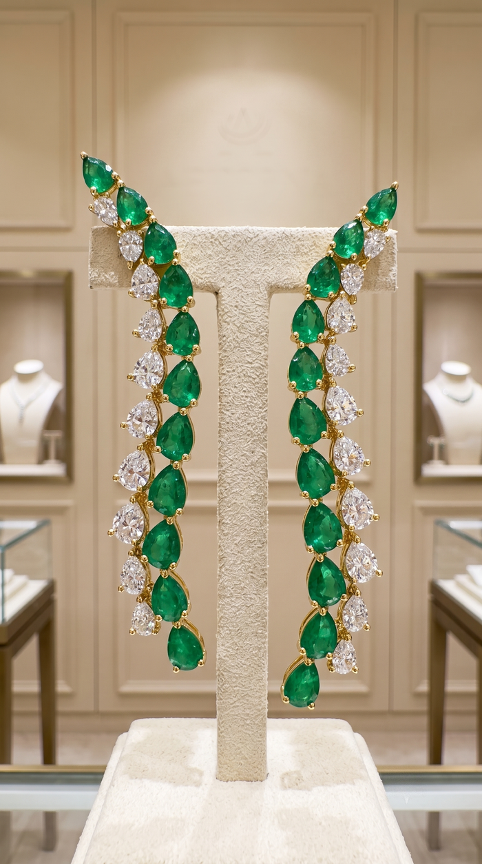 Emerald Diamond Leaf Curve Drop Earrings in 14K Yellow Gold