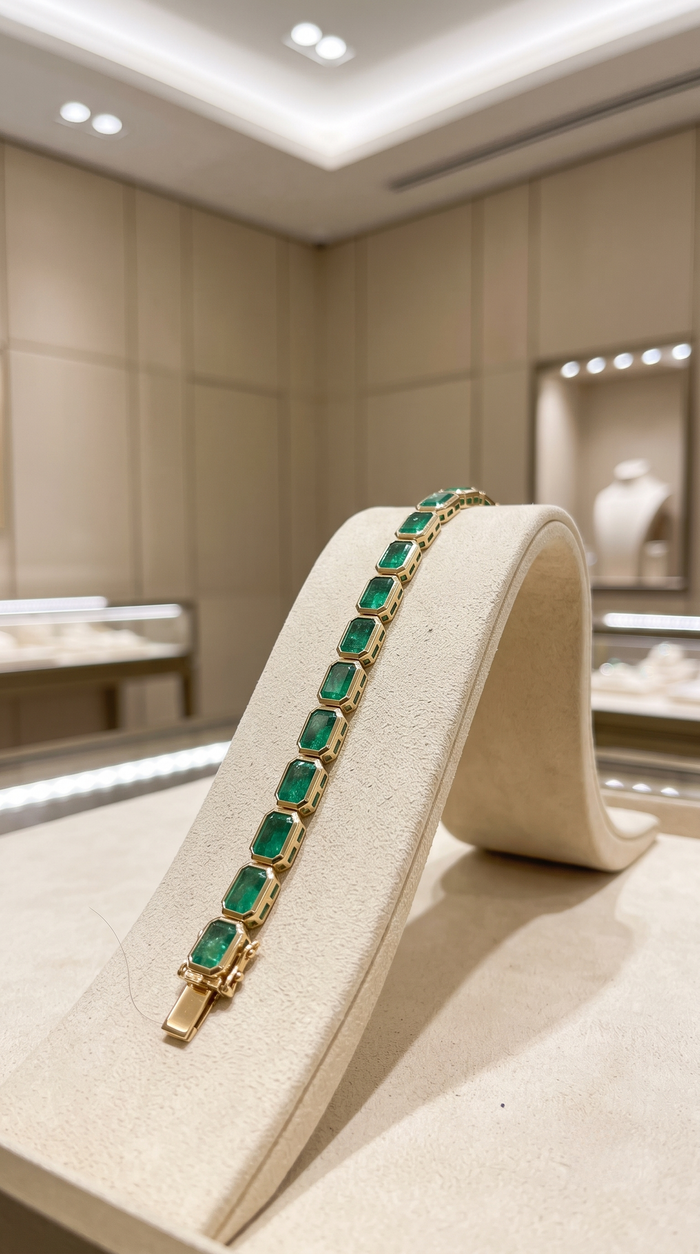 Rectangular Emerald Stones 14K Emerald & Yellow Gold Bracelet
