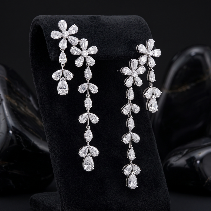 Round Baguette Round Diamond Earrings in 18K White Gold