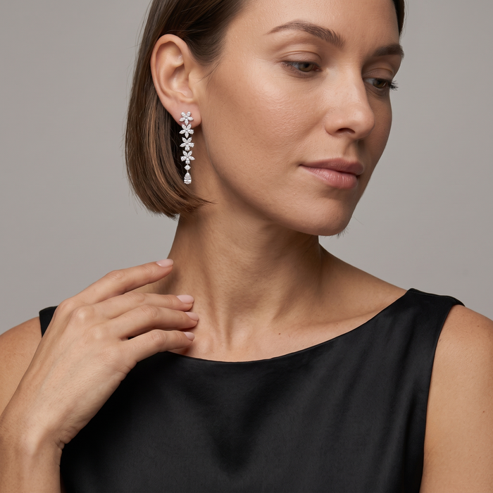 Flowers Petal Diamond Drop Earrings in 18K White Gold