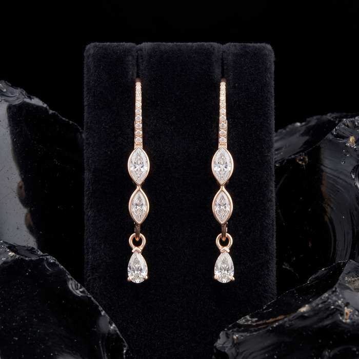 Trio Cut Marquise Pear Diamond Drop Earrings in 14K Gold