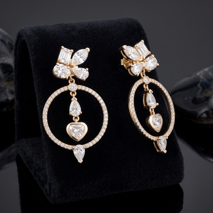 Multi Shape Diamond Heart Circle Drop Earrings in 14K Yellow Gold