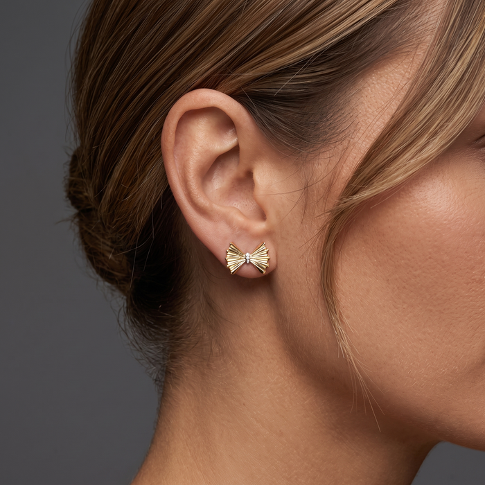 Diamond Fan Bow Stud Earrings in 14K Yellow Gold