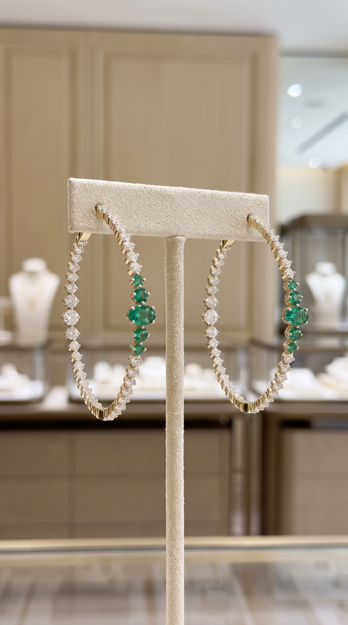 Emerald Eclipse Hoop Earrings in 14K Yellow Gold