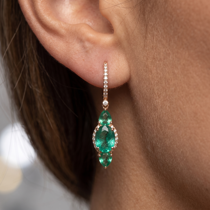 Triple Emerald Drop Huggie Earrings in 14K Yellow Gold