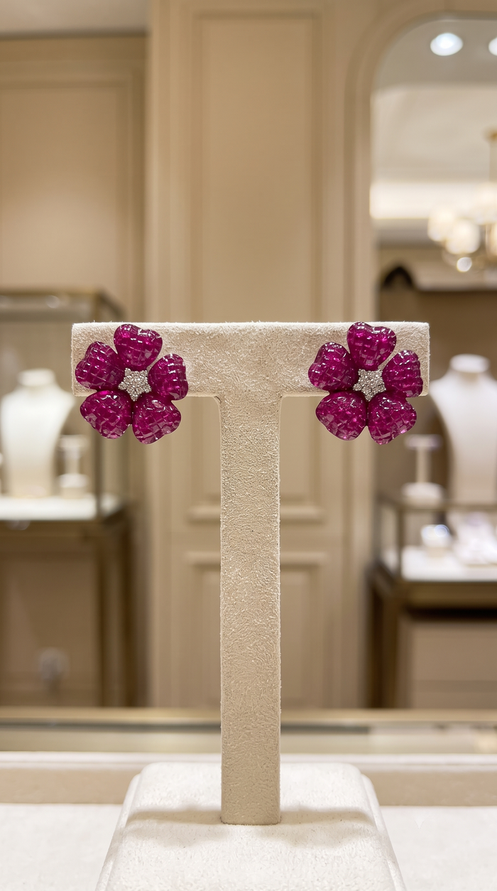 Diamonds Kissed Pink Blossom Stud Earrings in 14K Yellow Gold