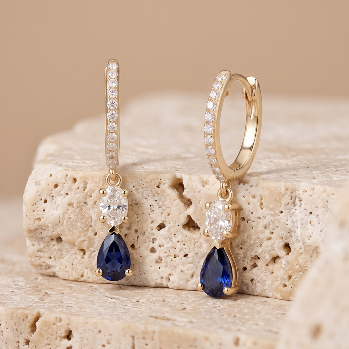 Midnight Sapphire Drop Earrings in 14K Yellow Gold