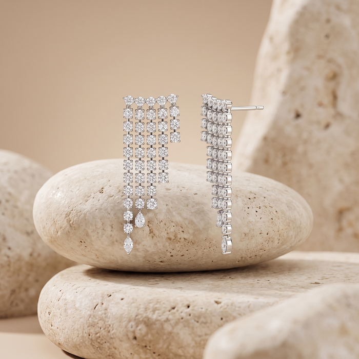 Multi Row White Sqaue 14K Diamond Dangling Earrings