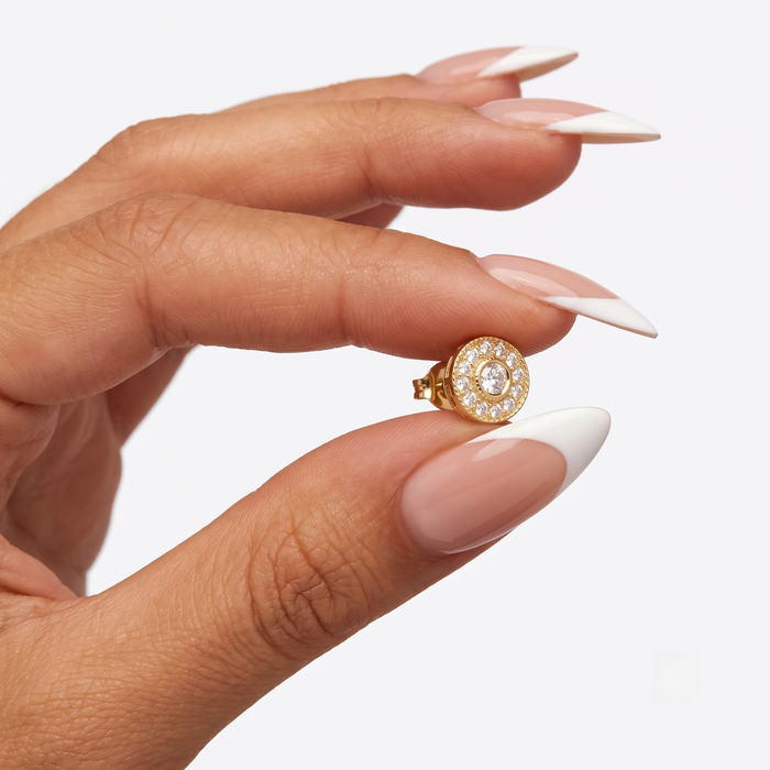Round Diamonds Push Back Halo Stud Earrings in 14K Gold