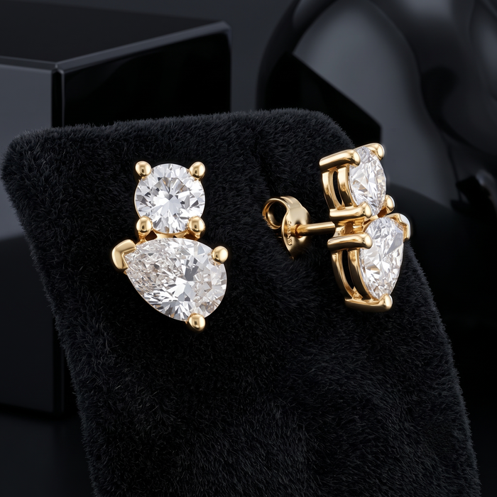 Duo Pear Round Diamond Stud Earrings in 14K Yellow Gold