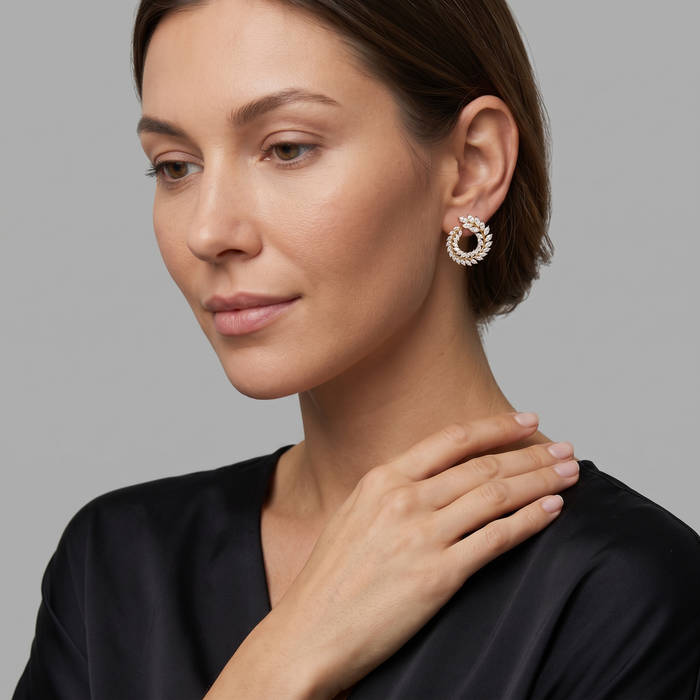 Round Leaf Shape Diamond Earrings in 18K Yellow Gold