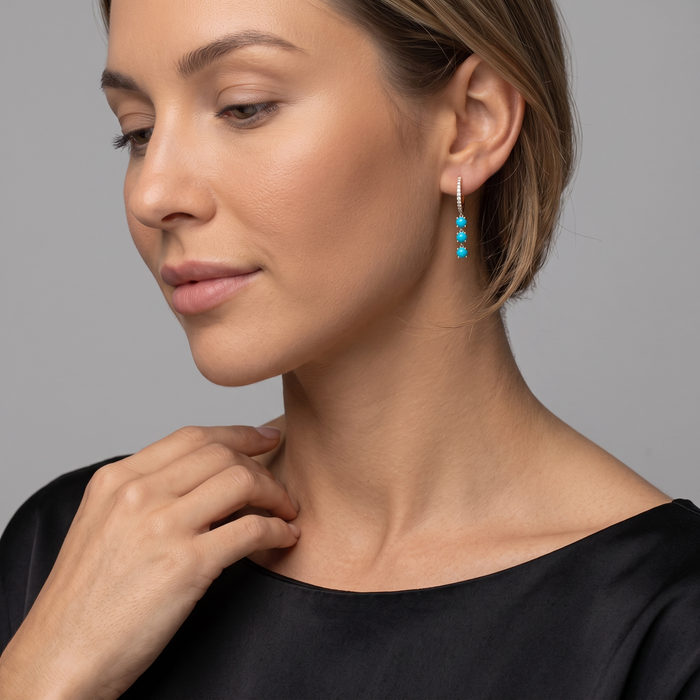 Turquoise Trio Drop Diamond Huggie Hoop Earrings in 14K Yellow Gold
