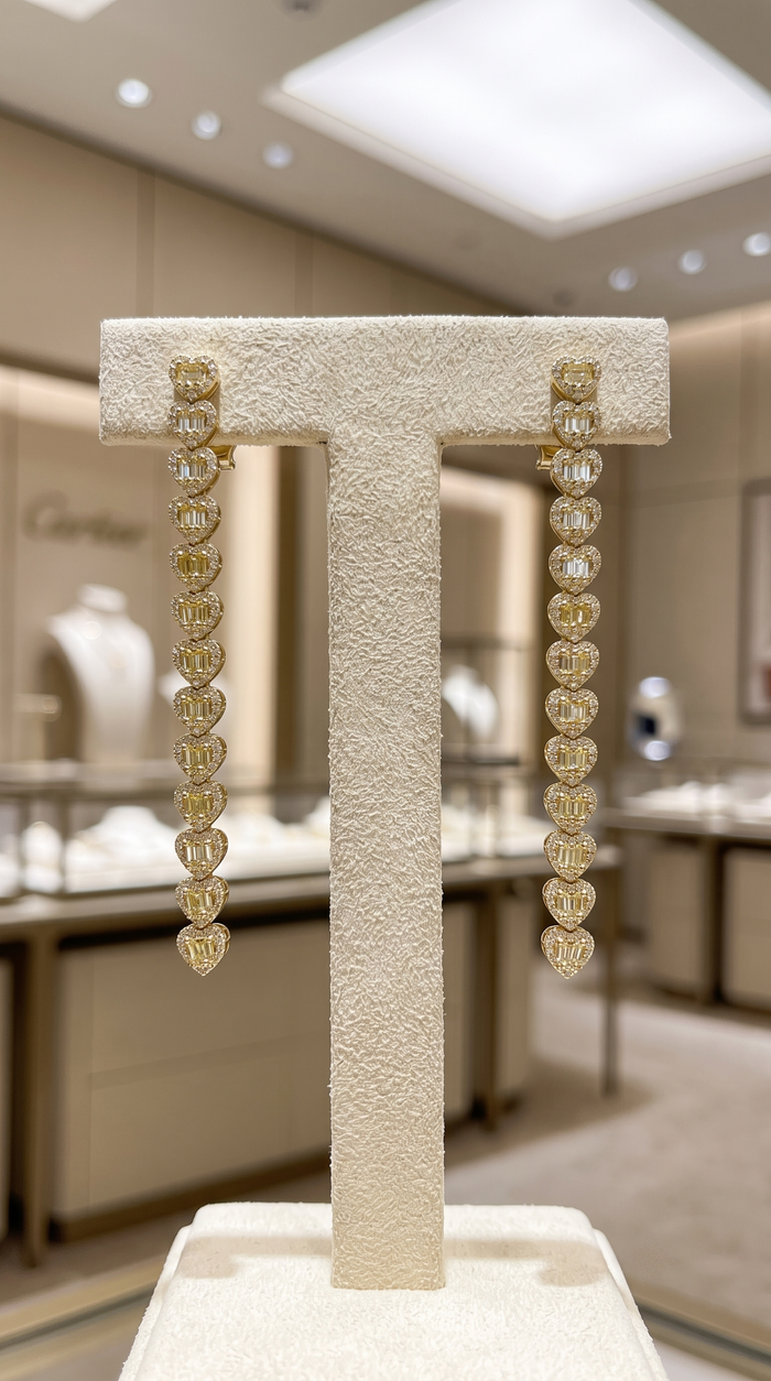 Heart Shaped Diamond Line Drop Earrings in 18K Yellow Gold