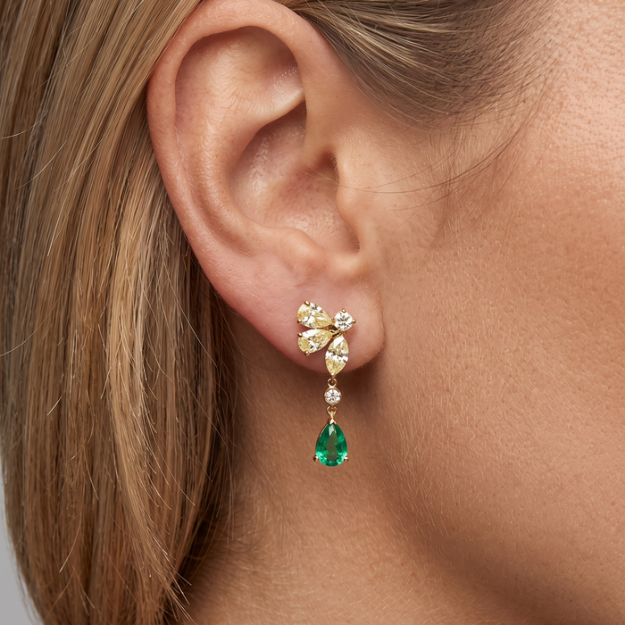 Cluster Teardrop Emerald Drop Earrings in 14K Yellow Gold