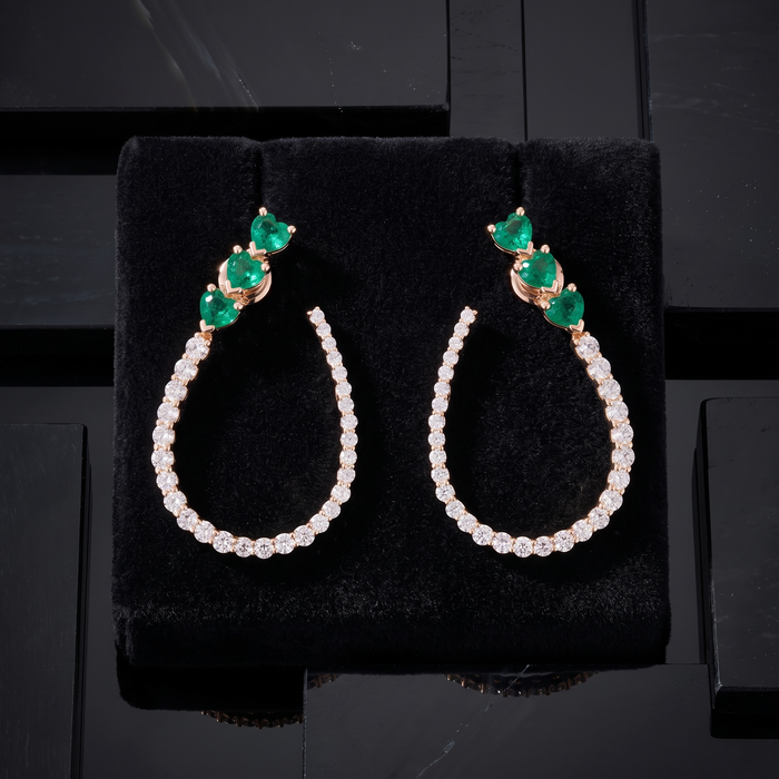 Trio Heart Emerald 14K (or 18k upon request) Yellow Gold Diamond Drop Earrings