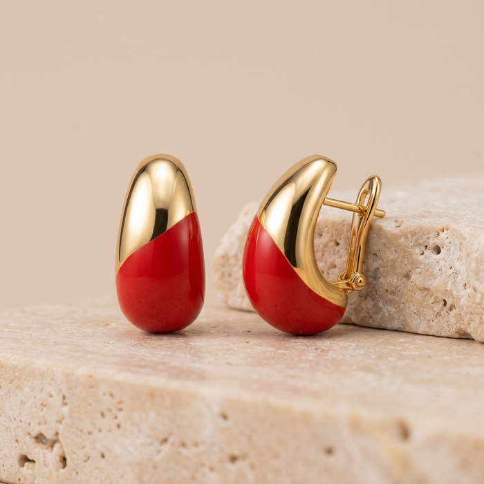 Bold Red Enamel Teardrop Stud Earrings in 14K Yellow Gold