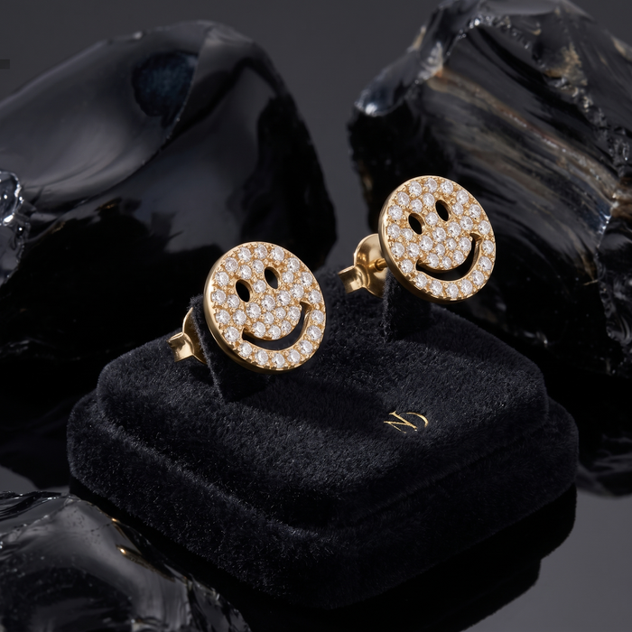 Smiley Face Diamond Stud Earrings in 14K Yellow Gold
