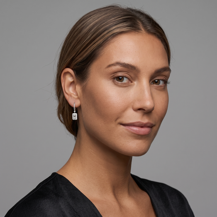 Baguette Halo Diamond Drop Huggie Earrings in 14K White Gold