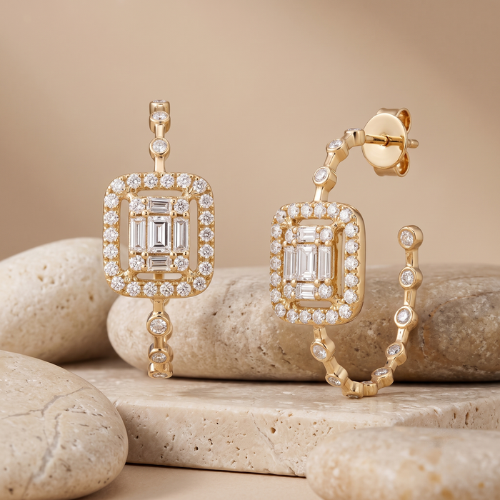 Baguette Diamond Frame Hoop Stud Earrings in 14K Yellow Gold