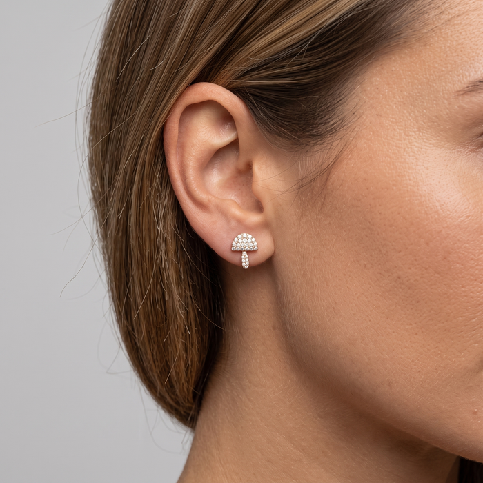 Mushroom Pave Diamond Stud Earrings in 14K Yellow Gold