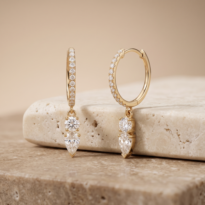 Duo Drop Diamond Huggie Earrings in 14K Yellow Gold