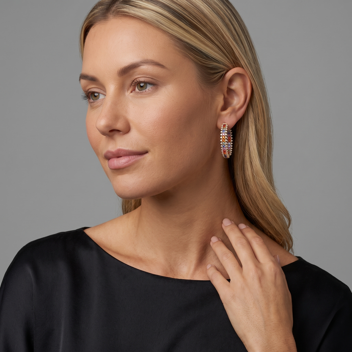 Rainbow Sapphire Pave Hoop Earrings in 14K Yellow Gold