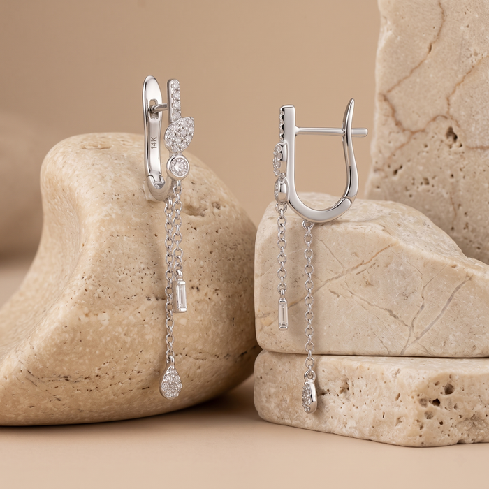 Cascade Charm Diamond Dangle Chain Earrings in 14K White Gold
