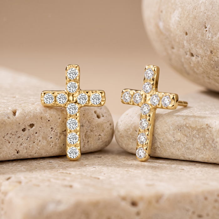 Cross Shape Diamond Stud Earrings in 14K Yellow Gold
