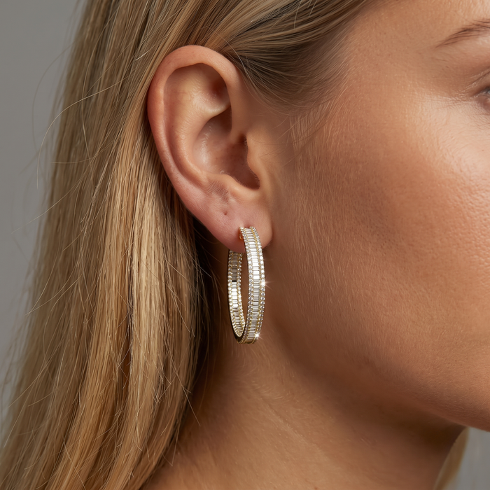 Oval Shape 256 Diamonds Baguette Earrings in 18K White Gold