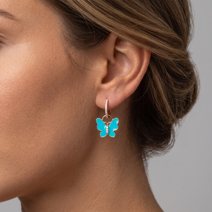 Turquoise Butterfly 14K (or 18k upon request) Yellow Gold Diamond Drop Earrings