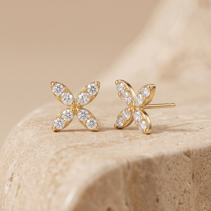 Floral Marquise Diamond Stud Earrings in 14K Yellow Gold
