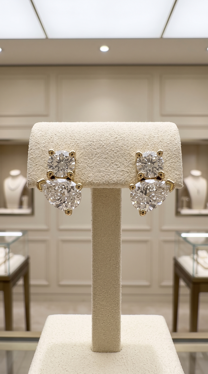 Duo Pear Round Diamond Stud Earrings in 14K Yellow Gold