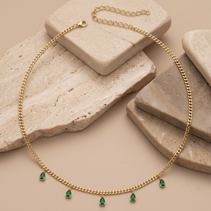 Emerald Teardrop Charms Chain Necklace in 14K Yellow Gold
