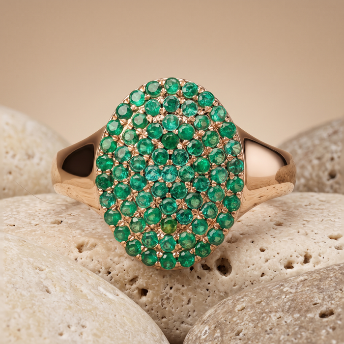 Emerald Pave Oval 14K Gold Ring