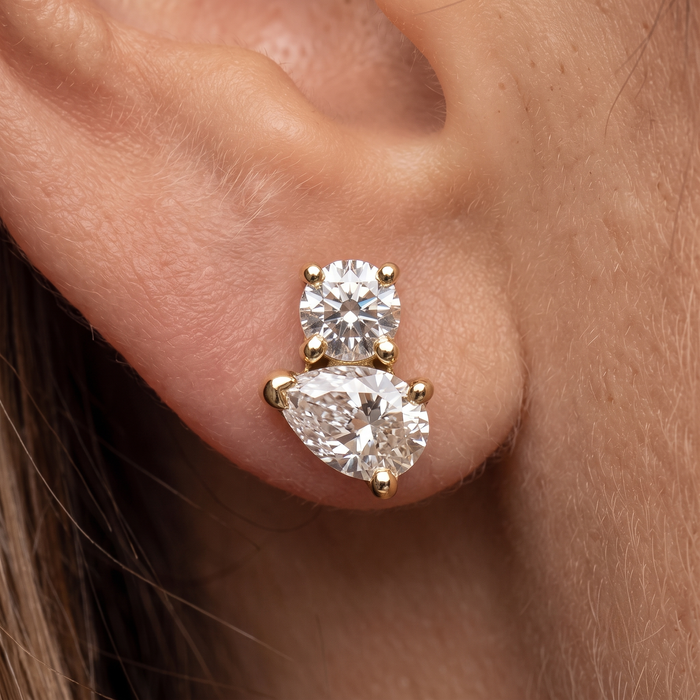 Duo Pear Round Diamond Stud Earrings in 14K Yellow Gold