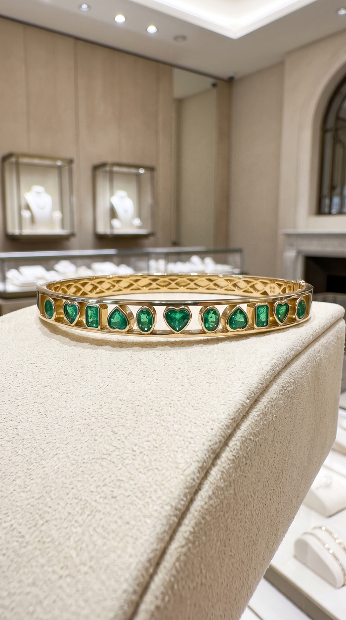 Brilliant Gemstones Bangle Bracelet in 14K Yellow Gold