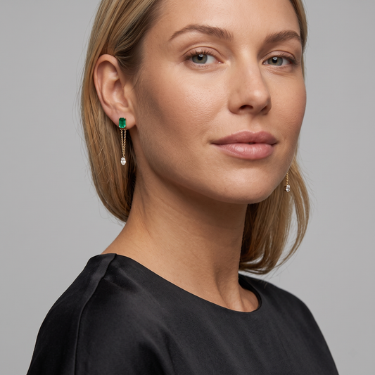 Emerald Drop Oval Diamond Chain Earrings in 14K Yellow Gold