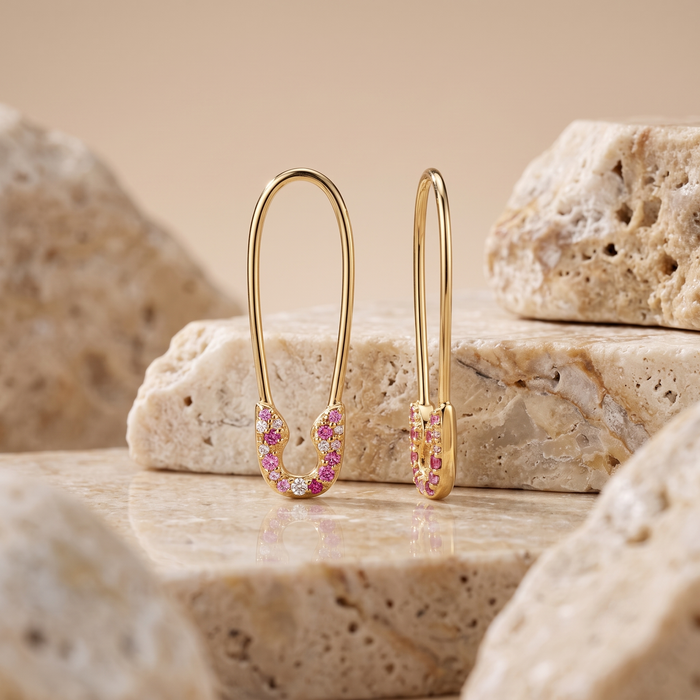 Diamond Safety Charm Pin Earrings in 14K Yellow Gold