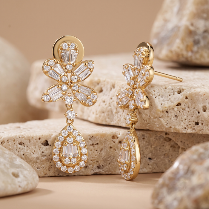 Diamond Fall Glittering Drops Earrings in 14K Yellow Gold