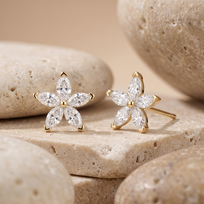 Marquise Star Diamond Flower Stud Earrings in 18K Yellow Gold
