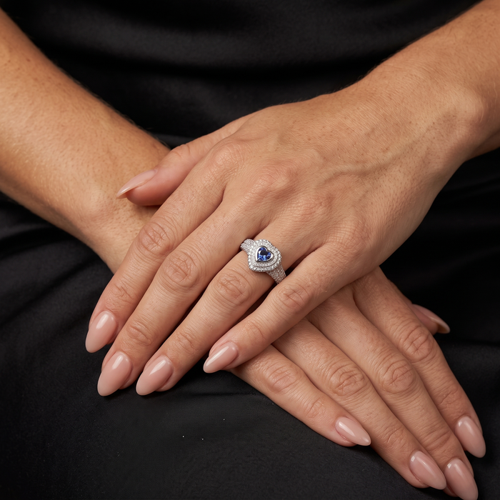 Heart Blue Sapphire Diamond Halo Ring in 14K White Gold