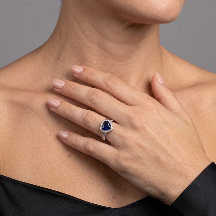 Heart-Cut Blue Sapphire Diamond Halo Ring in 14K White Gold
